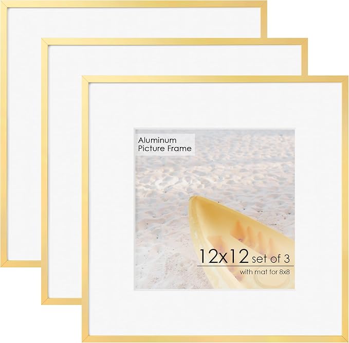 FLYJOE 12x12 Frame - Metal Square Picture Frame With Plexiglass 12x12 Frame With Mat for 8x8 Minimalist Modern Poster Frame Hanging Hardware Included (Gold, 3Pcs)
