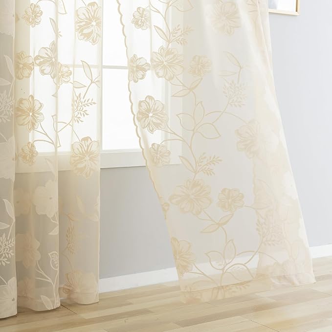 Sheer Beige Lace Curtains for Bedroom Living Room Studio 84inch Long Vintage Rose Floral Embroidered Semi Sheer Curtain Panels Privacy Leaf Sheer Drapes with Scalloped Edge Ivory, 54"w 2pcs 7ft