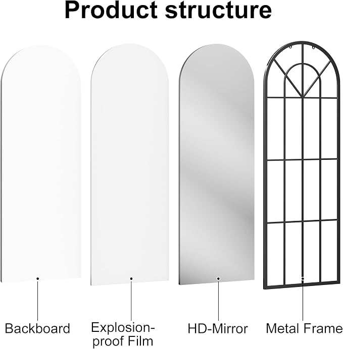 Degfig Arched Full Length Mirror with Grids, 71"X32", Arched Window Pane Wall Mirror, Floor Standing Mirrors, Farmhouse Long Full Body Mirrors Wall Mounted for Living Room, Bedroom, Entryway, Black