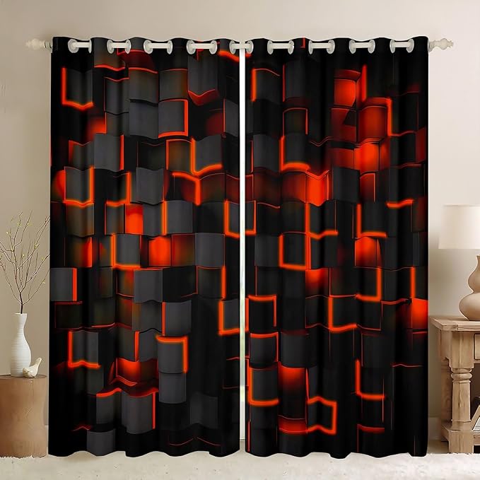 Feelyou Orange and Black Darkening Drapes (2 Panels, 38 x 45 Inch) Light Geometric Curtains for Bedroom Living Room Girls Decor Blackout Curtains Modern Style Window Treatments