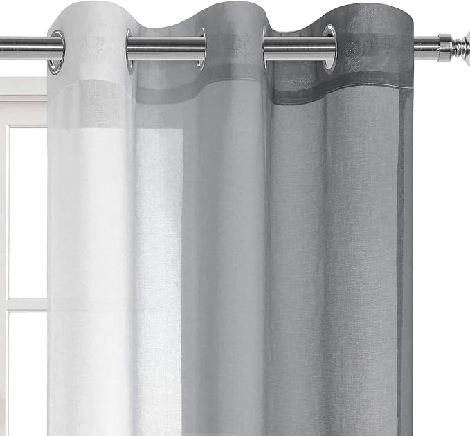 DWCN Grey Ombre Short Sheer Curtains - Faux Linen Semi Voile Gradient Light-Filtering Bedroom and Living Room Curtains, Set of 2 Grommet Top Window Drape Panels, 42 x 45 Inch Length