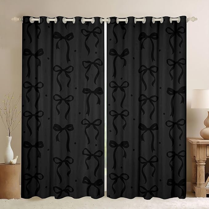 Feelyou Girls Bow Blackout Curtains Black White Bowknot Darkening Drapes for Bedroom Living Room Coquette Aesthetic Thermal Insulated Shades Kawaii Princess Window Treatments, 2 Panels 52 x 90 Inch
