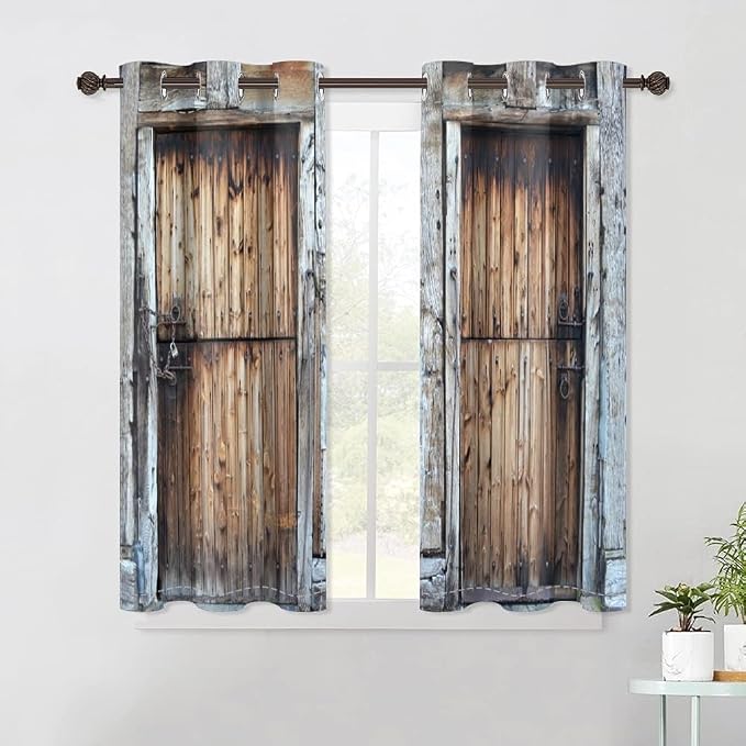 Rustic Barn Door Window Curtains, 26x63 inch, 2 Panels, Brown Grey, Polyester, Blackout, Living Room, Bedroom, Kitchen