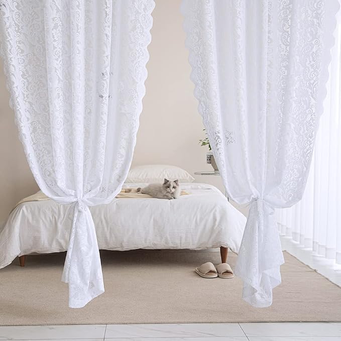 ALIGOGO 120 Inch Curtains 2 Panels - White Voile Lace Long Floor to Ceiling Curtains for Dining Room Privacy Sheer Floral Window Treatment 120 Inches Long Rod Pocket 10 Foot, 52 x 120 Inch, White