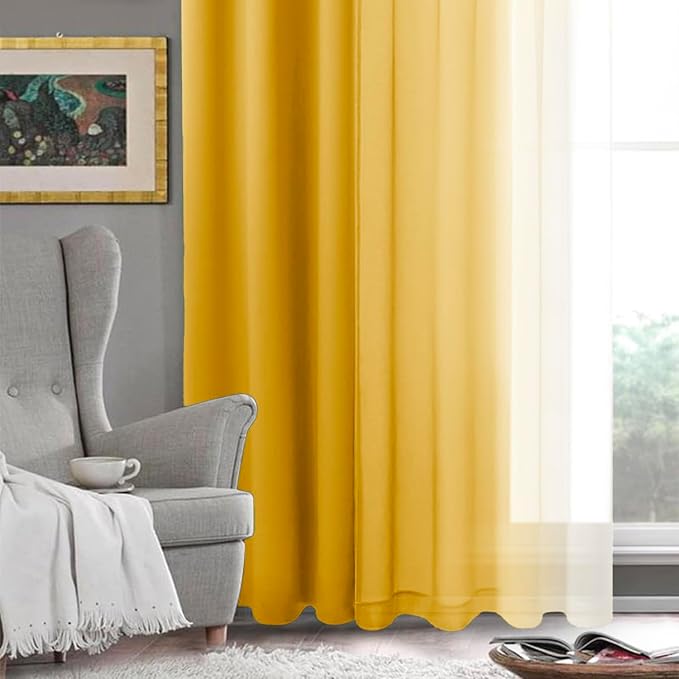 DWCN Ombre Short Sheer Curtains - Faux Linen Semi Voile Gradient Light-Filtering Bedroom and Living Room Curtains, Set of 2 Grommet Top Window Drape Panels, 52 x 54 Inch Length, Mustard Yellow