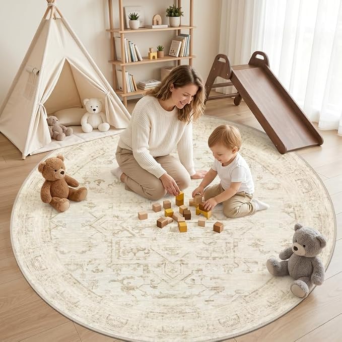 Round Area Rug for Living Room: 8ft Vintage Boho Neutral Washable Circle Rug Soft Large Circular Carpet for Bedroom Nursery Farmhouse Dining Room Office Floor Non-Slip Low Pile Under Table Beige/Brown