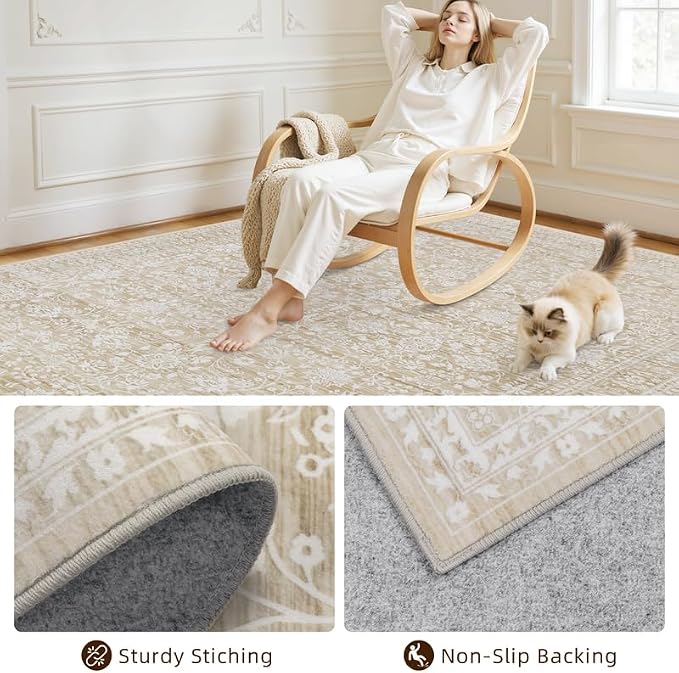 6x9 Area Rugs for Living Room: Vintage Boho Neutral Washable Rug Indoor Soft Large Area Rug Carpet for Bedroom Nursery Farmhouse Dining Room Office Floor Non-Slip Low Pile Under Table Natural Beige