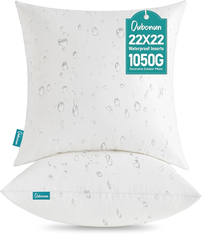Oubonun 22x22 Outdoor Pillow Inserts (Pack of 2) - Square Waterproof Throw Pillow - Decorative Throw Pillows Insert for Couch Sofa Bed Patio Furniture - White Pillows