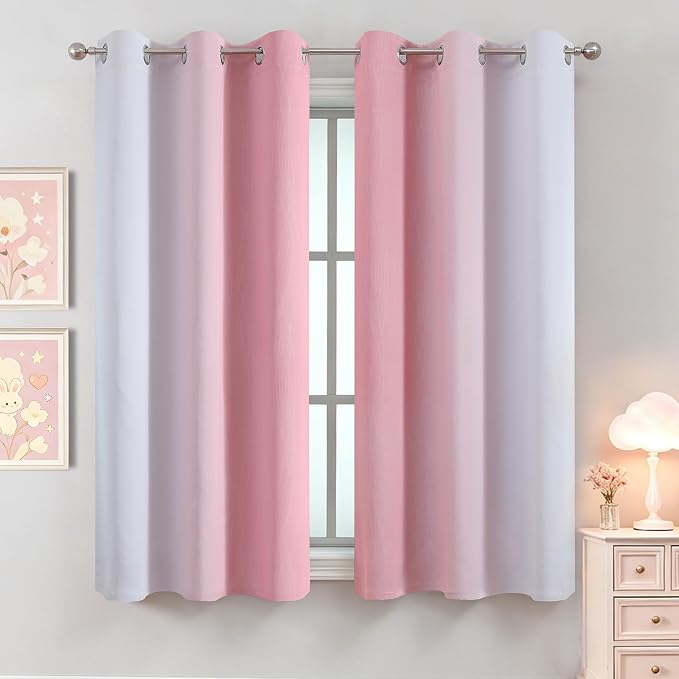 Estelar Textiler Pink and Greyish White Ombre Blackout Curtains 63 Inches Long for Kids/Girls Bedroom, Room Darkening Thermal Insulated Grommet Window Drapes for Living Room/Nursery, 42Wx63L, 2 Panels