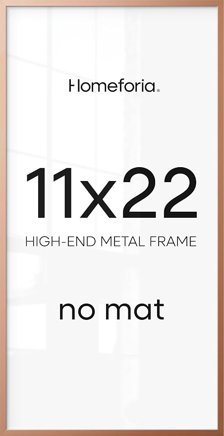 Homeforia 11x22 Newspaper Frame Rose Gold, High End Metal 11 x 22 Picture Frame without Mat, 22x11 Thin Rose Gold Poster Frames for Wall, 11by22 Display Photo Frame, Tempered Glass, Wall Kit, Set of 1