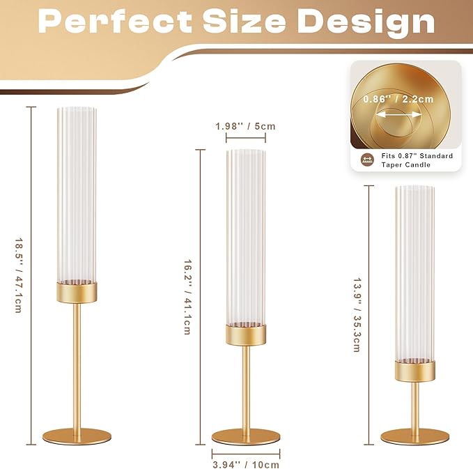 Gold Hurricane Candle Holders: Fluted Tall Candlestick Holders for Wedding Brass Taper Candle Holder Modern Candle Sticks Holder Decor for Table Centerpiece Christmas Party Home Set of 3