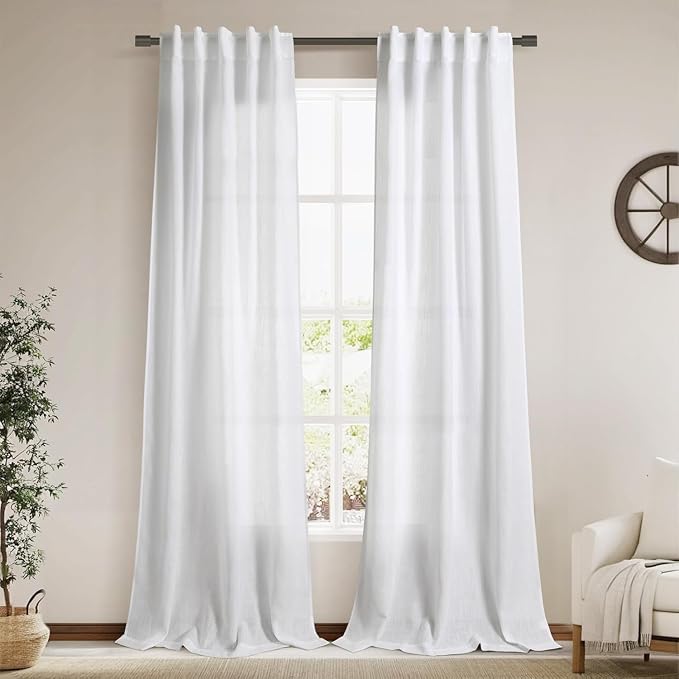 Linen White Curtains 120 Inches Long 2 Panels Set Back Tab Rod Pocket Semi Sheer Cotton Textured Light Filtering Extra Long Curtain Farmhouse High Ceiling Curtains for Living Room 9Ft 40x120