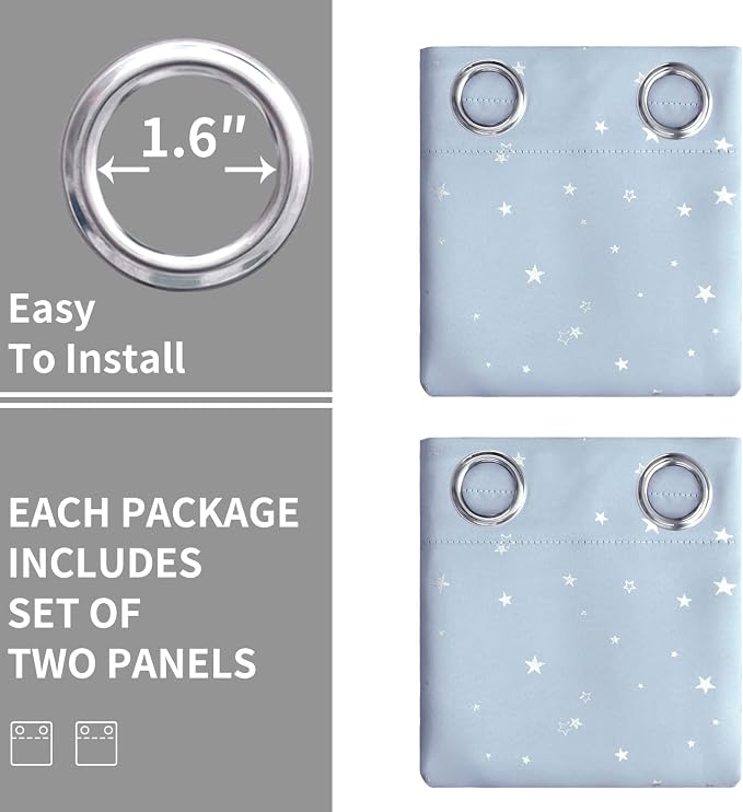 BGment Star Room Darkening Curtains for Kids Bedroom - Grommet Thermal Insulated Silver Star Print Kids Curtains for Living Room, Set of 2 Panels, Baby Blue, 42 x 72 Inch