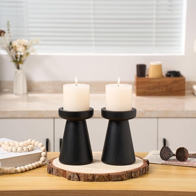 Wood Candle Holders for Pillar Candles, Set of 2 Vintage Rustic Tall Modern Farmhouse Decor, Decorative Wooden Candlestick Stand for Fireplace Mantel, Table Centerpiece - Black