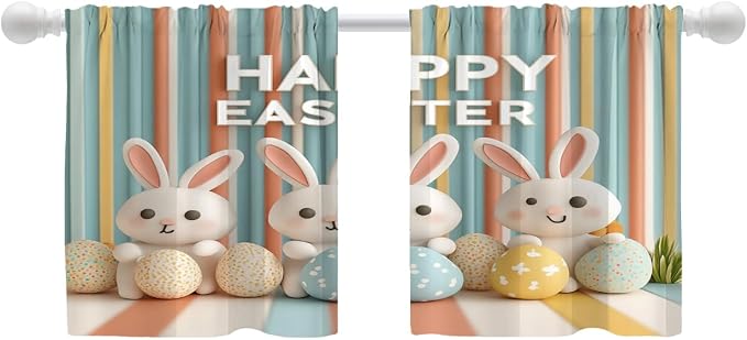 Shrahala Three Rabbits Colorful Eggs Blackout Curtain Tiers, Easter Celebration with Rabbits Eggs Kitchen Valance Light Blocking Tier Drapes with Rod Pocket, 2 Pack 26 X 24 in