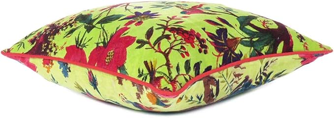 Velvet Floral Flower Bird Throw Pillow Sofa Cushion Cover Case Couch Colorful Boho Chic Bohemian Accent Indian Handmade (Light Green, 20" x 12")