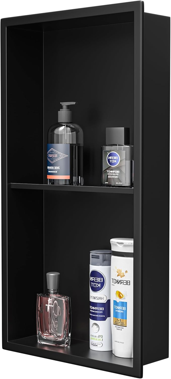 Stainless Steel Shower Niche Matte Black 24" X 12" No Tile Needed | Recessed shower niche with double shelves,space-saving,vertical niche, bathroom niche shower for shampoo & soap storage