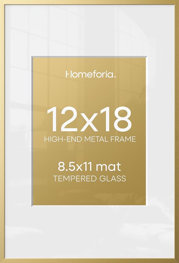 Homeforia 12x18 Picture Frame Gold, High End Metal 12x18 Poster Frames with Mat 8.5x11 Photo, 12 x 18 Gold Frame Matted to 8.5 by 11 Print, 18x12 Thin Hanging Frame, Tempered Glass, Wall Kit, Set of 3