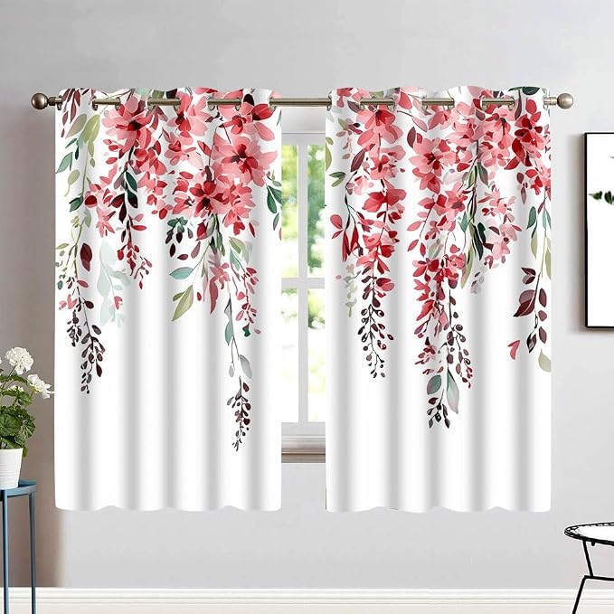Red Watercolor Floral Curtains, 52x63 inch, 2 Panels | Botanical Leaves Vine Flowers, Rustic Farmhouse Style, Blackout Window Treatment, For Bedroom Living Room