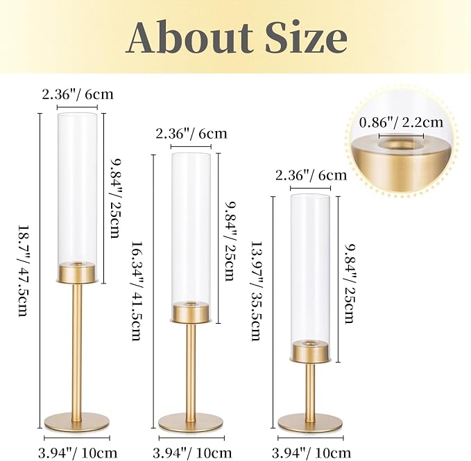 Hewory Gold Candle Holders, 3Pcs Brass Candle Stick Candelabra with Glass Candle Cover for Wedding Table Centerpiece Christmas Decor