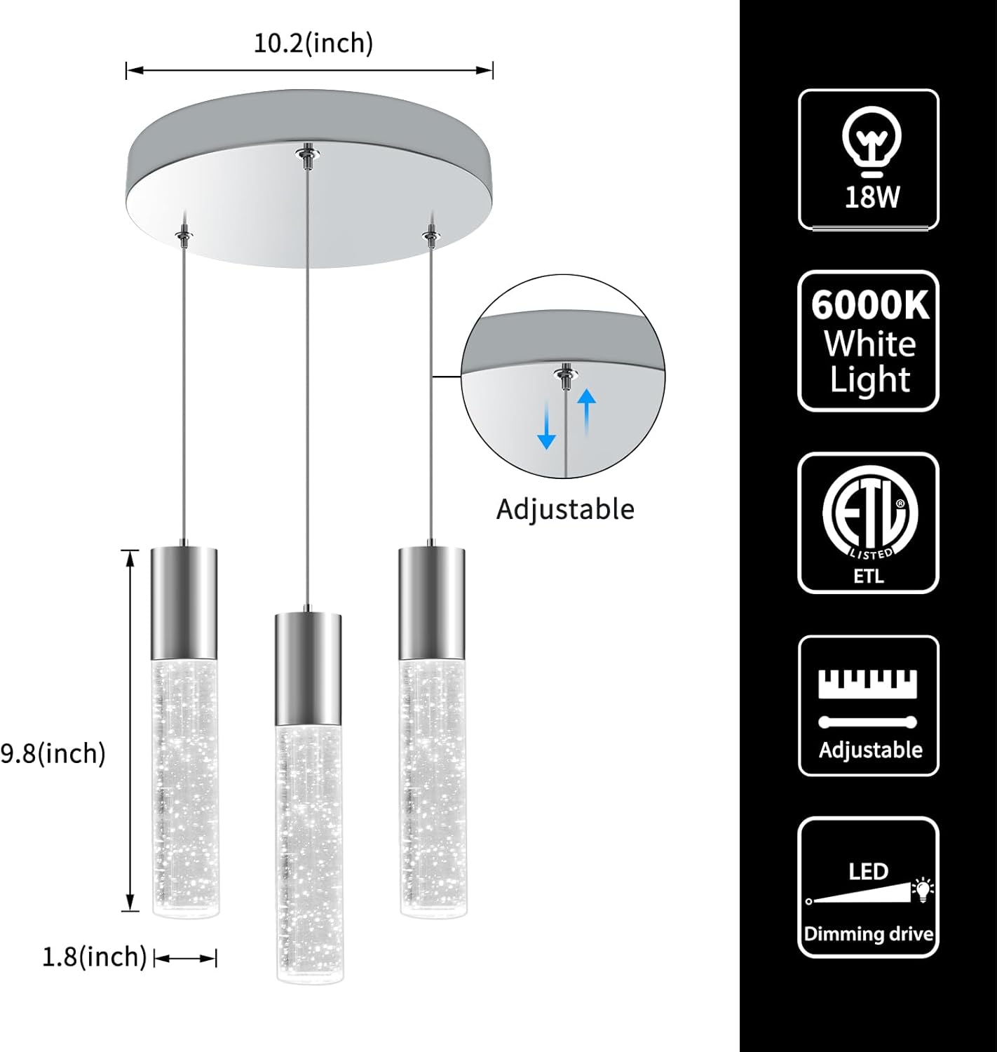 OKELI Dimmable LED 3-Light Pendant Light for Kitchen Island, 18W 1350LM Modern Bubble Crystal Island Light Fixture,6000K, Electro-Chrome, Easy Installation, Round