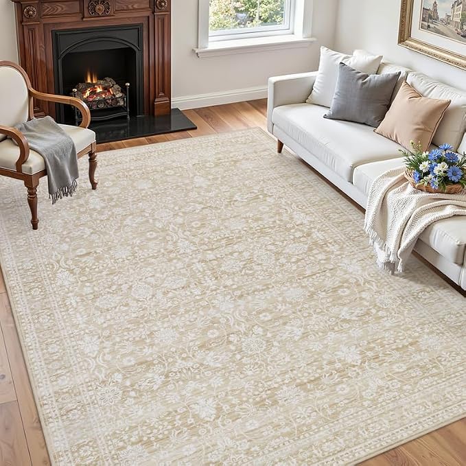 5x7 Area Rugs for Living Room: Vintage Boho Neutral Washable Rug Indoor Soft Large Area Rug Carpet for Bedroom Nursery Farmhouse Dining Room Office Floor Non-Slip Low Pile Under Table Natural Beige