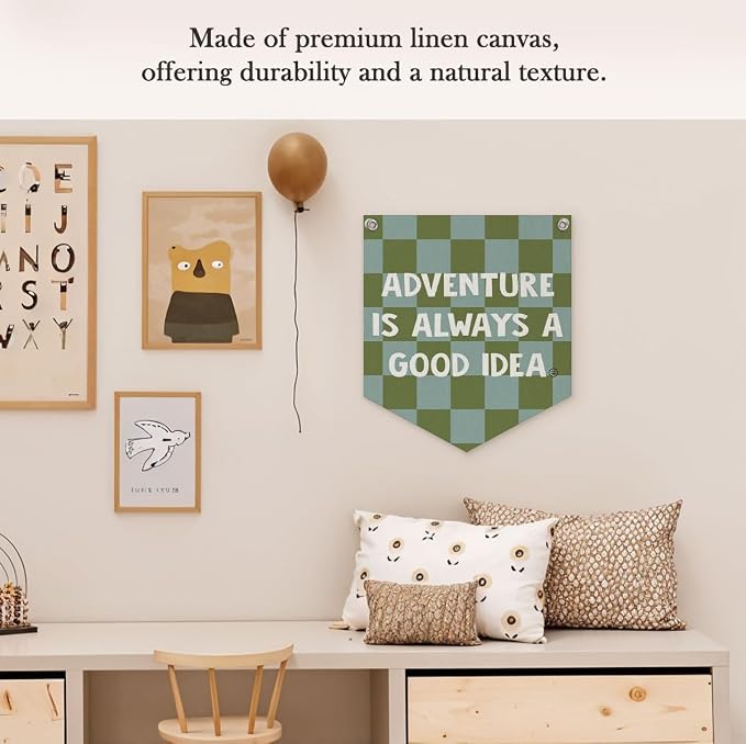 Boys Room Decor – Adventure Linen Pennant, Sage Green Canvas Triangle Flag, Wall Hanging Banner for Toddler Boy Nursery & Playroom, 14.5x12.6 in