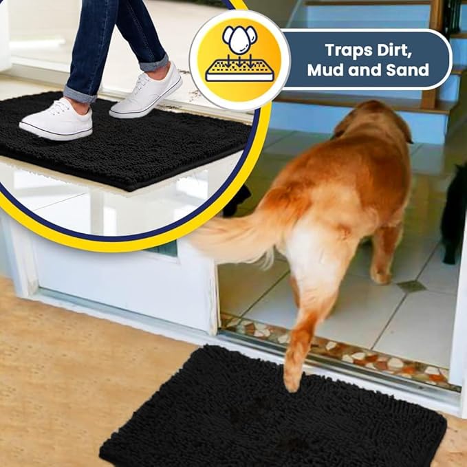 Muddy Mat® | Super Water Absorbent Door Mat Indoor, Microfiber Quick Dry Chenille Entryway Rug, Slip Resistant Front Door Mat, Indoor Mats for Entryway, Machine Washable Pet Rug, Black 36"x60"
