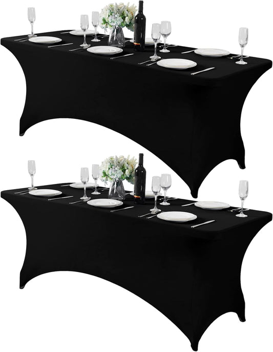 2Pack Spandex Table Cover for 6Ft or 4fT or 8ft Table Universal Fitted Stretch Tablecloth for Party, Banquet, Wedding and Events-Black