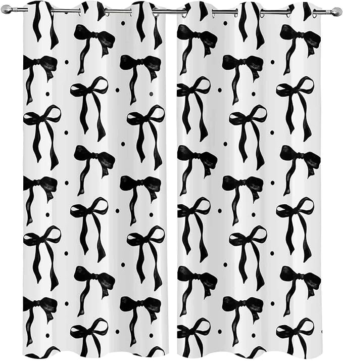 LUVIVIHOME Black and White Bow Curtains, Cute Black Bow Blackout Curtains for Girls Bedroom Living Room, Modern Aesthetic Bowknot Girly Room Decor, Grommet Window Drapes 2 Panel Sets, 52x84 Inch