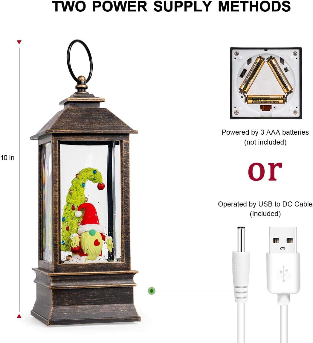 10'' Christmas Gnomes Snow Globe Lantern Lighted Santa Elf Musical Water Lantern Swirling Glittering Home Decoration and Gift, Battery Operated or USB Powered