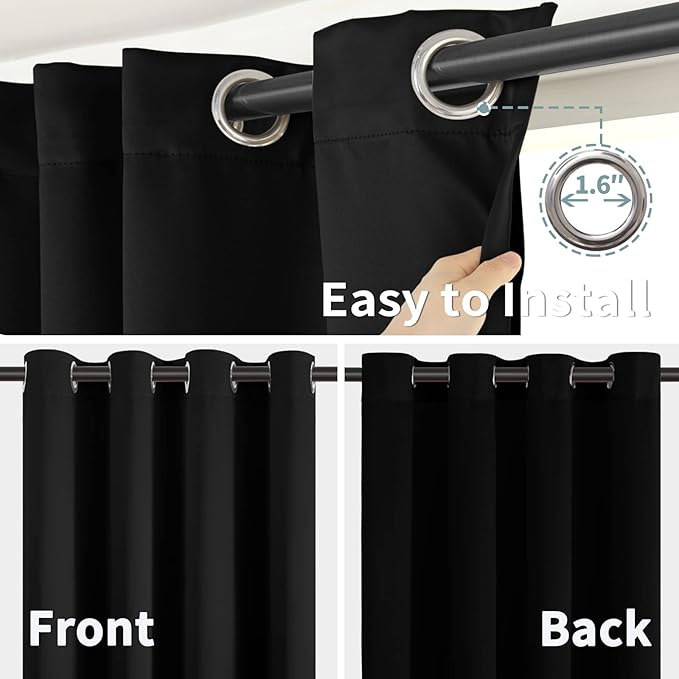 BGment Thermal Insulated 100% Blackout Curtains for Bedroom with Black Liner, Double Layer Full Room Darkening Noise Reducing Grommet Curtain (52 x 63 Inch, Black, 2 Panels)