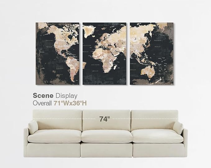 Black Wall Art for Living Room Office Pictures Large Canvas Maps Decor | Modern Antique Wall Map of World Painting Framed Oversized Global Artwork Masculine Mens Home Decor