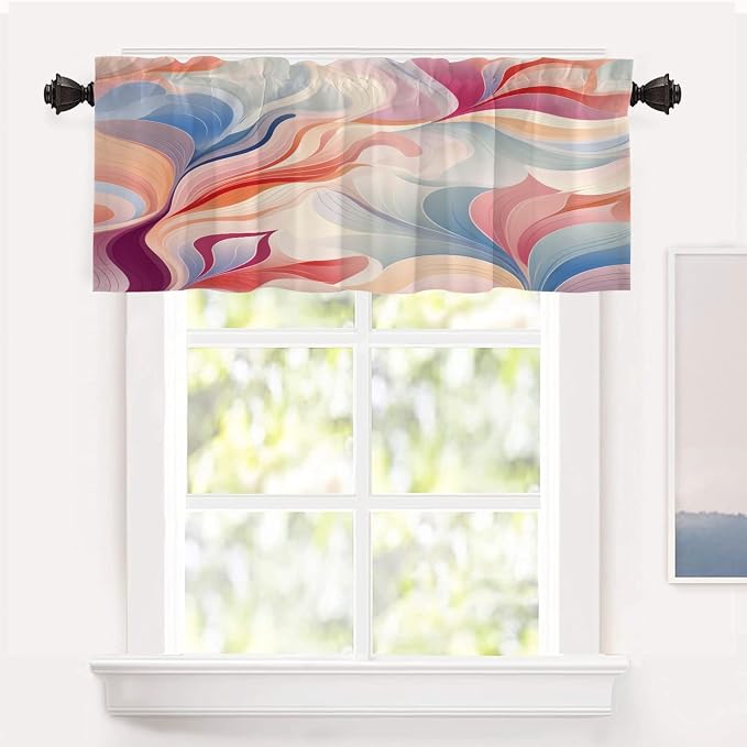 Shrahala Colorful Waves Blackout Short Curtains for Windows, Fluid Abstract Pattern Kitchen Valance Thermal Insulated Rod Pocket Window Treatment for Bathroom 52 X 18 in
