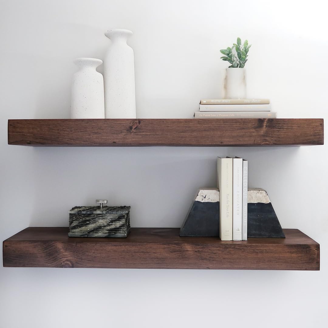 Modern Floating Shelves 3 Inches Thick for Wall, Wide Shelves for Kitchen, Living Room, Bedroom, and Bathroom, Natural Pine Wood, Rustic Wooden Shelf, (Set of 2) (Provincial, 24Lx3Hx6D)
