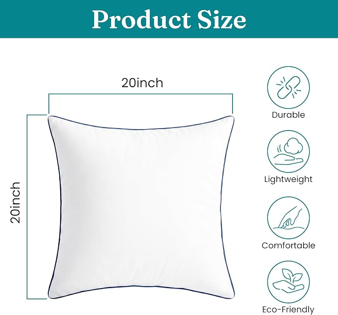 Oubonun 20 x 20 Throw Pillow Inserts – Durable & Structured, Soft Down Alternative Decorative Pillows with Piping Edge for Couch Sofa Bed, Machine Washable, White, Pack of 2