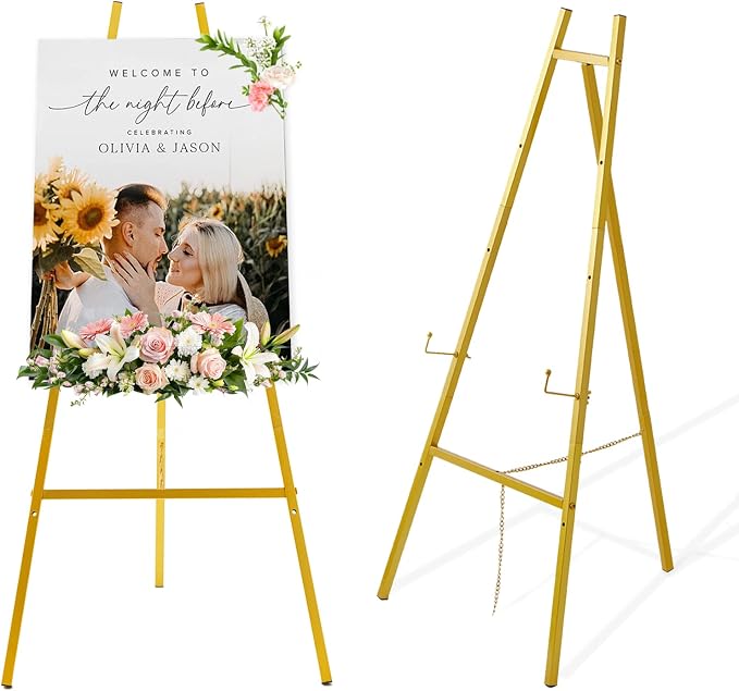 57.1" Tall Gold Easel Stand for Sign, Heavy Duty Folding Metal Easel for Wedding Welcome Sign, Decorative Easel for Mirror, Art, Photo, Adjustable Painting Display 4-Tier Height