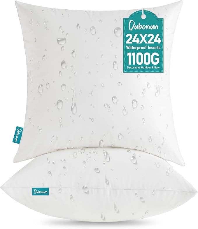 Oubonun 24x24 Outdoor Pillow Inserts (Pack of 2) - Square Waterproof Throw Pillow - Decorative Throw Pillows Insert for Couch Sofa Bed Patio Furniture - White Pillows