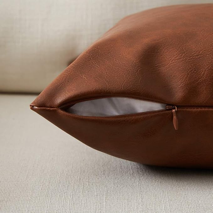 Fancy Homi Brown Boho Lumbar Faux Leather Decorative Throw Pillow Covers 12x24 Inch for Living Room Couch Bed Sofa, Solid Rectangle Cushion Case 30x60 cm, Rustic Modern Farmhouse Home Decor