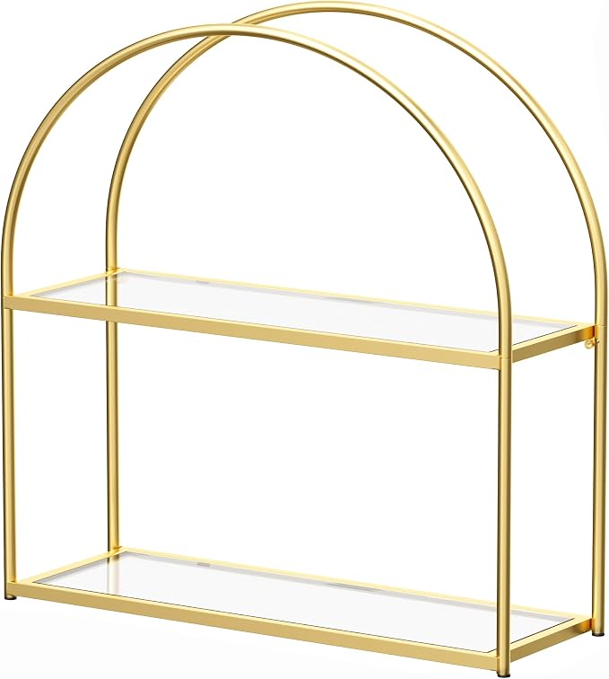 Crofy 2-Tier Arched Wall Shelf with Gold Frame & Transparent Shelves | Sturdy Tempered Clear Glass Shelves with Ample Storage Space; Decor for Living Room, Bath, Kitchen, Vanity & Home Office