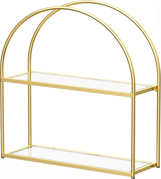 Crofy 2-Tier Arched Wall Shelf with Gold Frame & Transparent Shelves | Sturdy Tempered Clear Glass Shelves with Ample Storage Space; Decor for Living Room, Bath, Kitchen, Vanity & Home Office