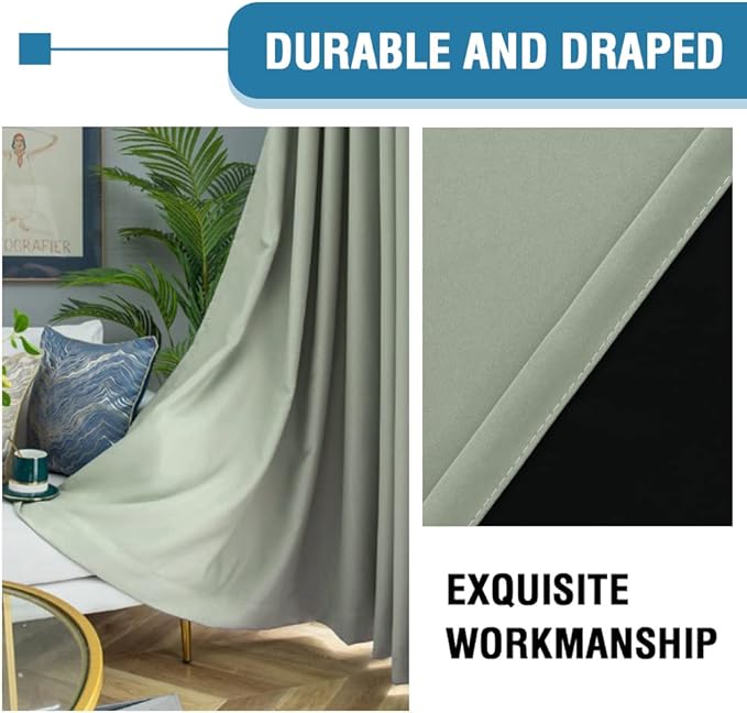 H.VERSAILTEX 100% Blackout Curtains for Bedroom Thermal Insulated Blackout Curtains for Living Room 63 Inches Long Rod Pocket Curtains with Black Liner 2 Panels Set, Light Sage