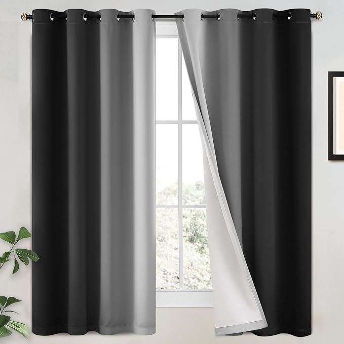 Yakamok 100% Blackout Curtains Ombre Black Curtains for Bedroom 63 Inch | 2 Layers,Room Darkening Grommet Gradient Drapes,Light Blocking Thermal Insulated Window Curtains for Living Room 52W x 63 L