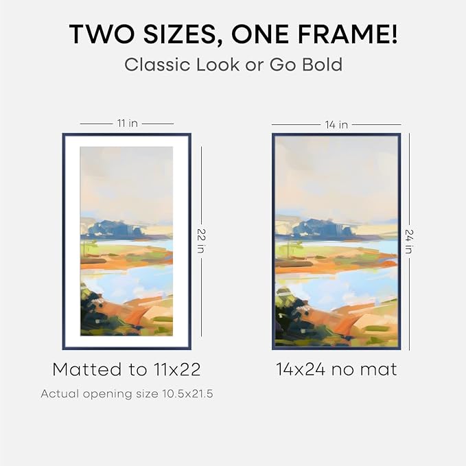 Homeforia 14x24 Picture Frame Navy Blue, High End Metal 14x24 Poster Frames with Mat 11x22 Photo, 14 x 24 Navy Blue Frame Matted to 11 by 22 Print, 24x14 Thin Frame, Tempered Glass, Wall Kit, Set of 1