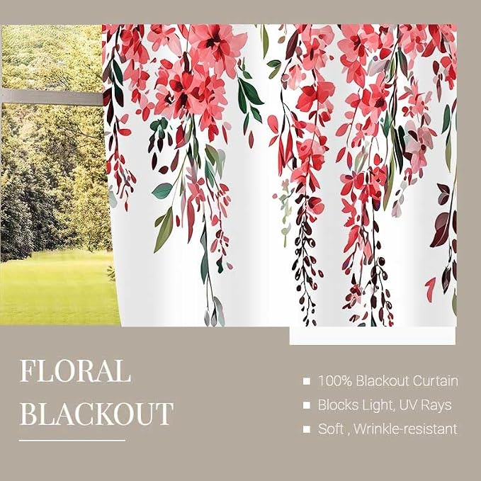 Red Watercolor Floral Curtains, Botanical Leaves Vine Flowers Curtain, Rustic Farmhouse Flower Leaf Blackout Window Treatment Drapes for Bedroom Living Room 52x96 inch, 2 Panels