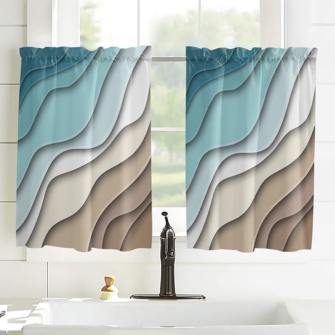 54 Inch Long Tier Curtains for Kitchen, Abstract Geometric Teal Brown Gradient Waves Beach Bathroom Window Curtains Rod Pocket Short Curtains Window Treatment Tiers for Living Room Farmhouse 2 Panels