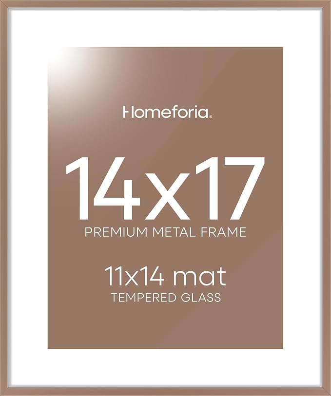 Homeforia 14x17 Picture Frame Mocha, High End Metal 14 x 17 Poster Frames with Mat 11 x 14 for Photo, 14x17 Mocha Frame Matted to 11x14 inch Print, 17x14 Thin Frame, Tempered Glass, Wall Kit, Set of 1