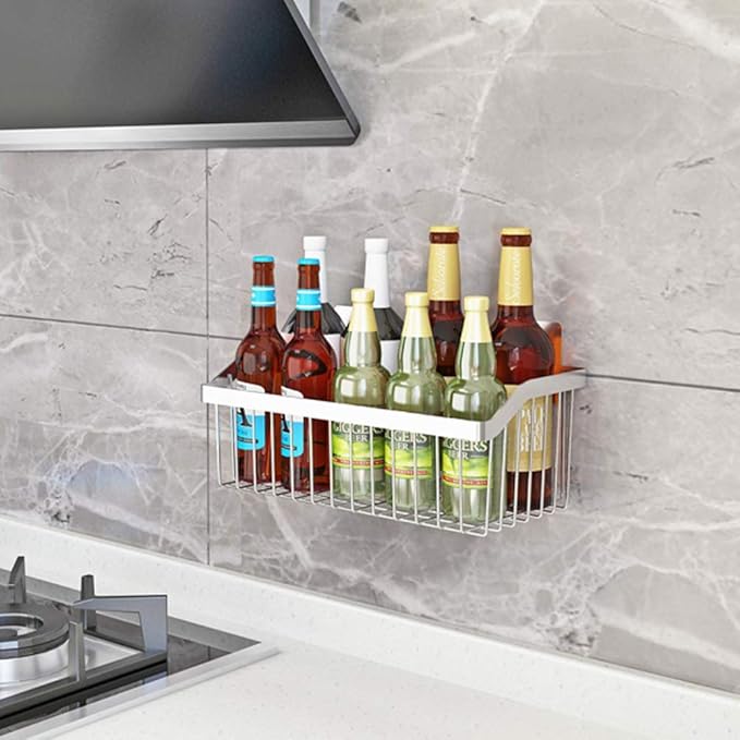 2PCS Kitchen Storage Metal Wire Fruit Basket - SUS304 Stainless steel Organizer Storage Bin Baskets for Bathroom - Space Saving Design for Pantry Organization, Spice Rack,Self Adhesive（Silver）