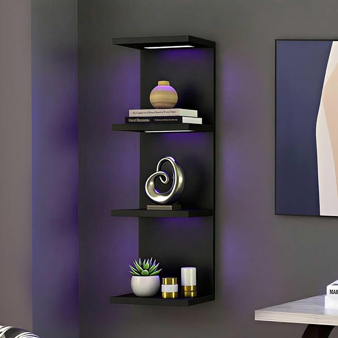 VIWODS 4-Tier Wall Shelf Unit with RGB Lights, Floating Lack Shelf for Home Decor, Wall Mounted Vertical Display Shelf for Bedroom Living Room Vanity, Black