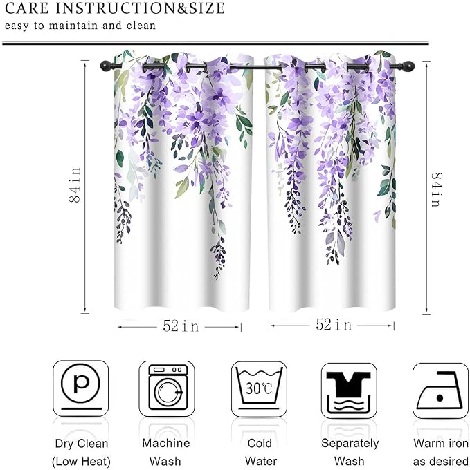 Purple Watercolor Floral Curtains, 52x84 inch, 2 Panels | Botanical Leaves Vine Wisteria Flowers, Rustic Farmhouse, Blackout Window Treatment, For Bedroom Living Room